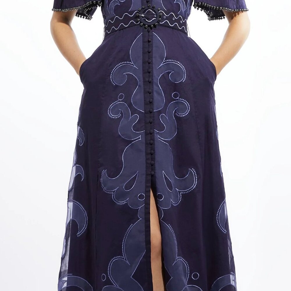 Karen Millen  Baroque Applique Linen Organdie Woven Maxi Dress - Picture 4 of 5